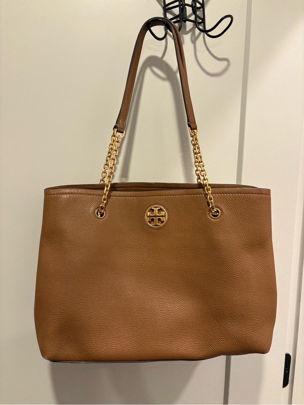 Tory Burch Tan Pebbled Leather Tote with Gold Chain Straps